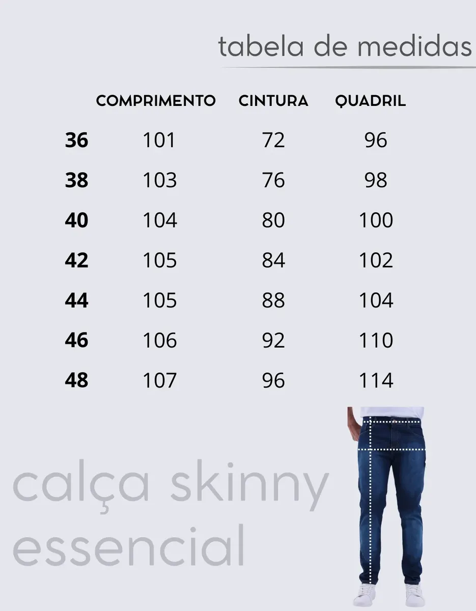 Tabela de medidas das calças jeans